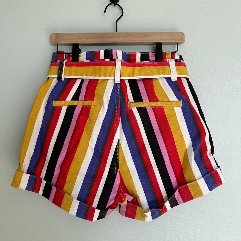 Express Super High Waisted Striped Sash Tie Denim Shortie Shorts - Picture 2 of 5